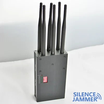 The black 6-band handheld jammer blocks main mobile phone frequency bands, WIFI and GPS signals