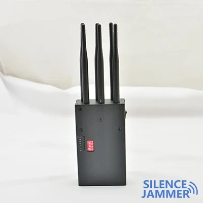 The black 6-band handheld jammer blocks main mobile phone frequency bands, WIFI and GPS signals